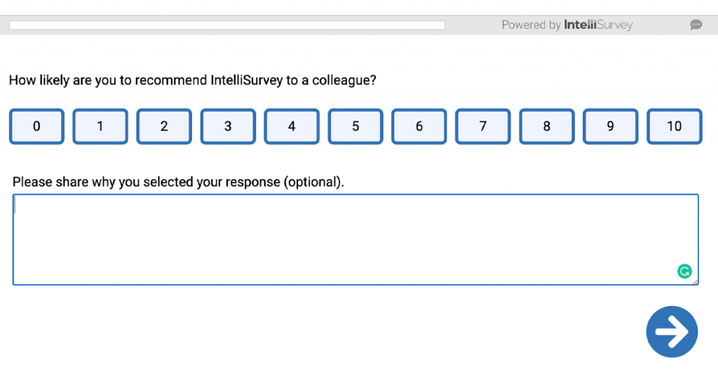 An example of creating a survey with a rating scale and an open text response on a survey created by IntelliSurvey