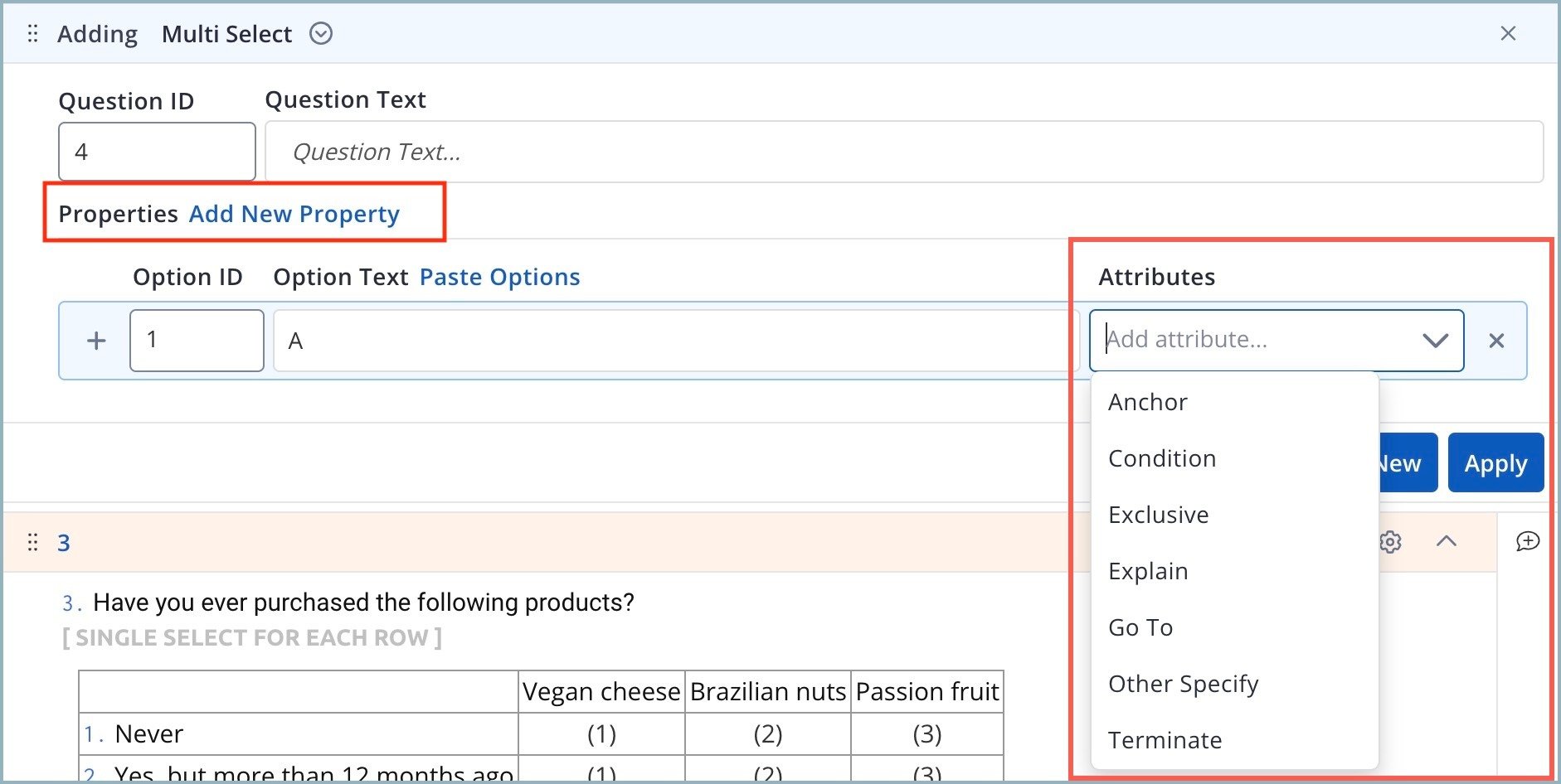 Adding question properties and attributes in IntelliBuilder