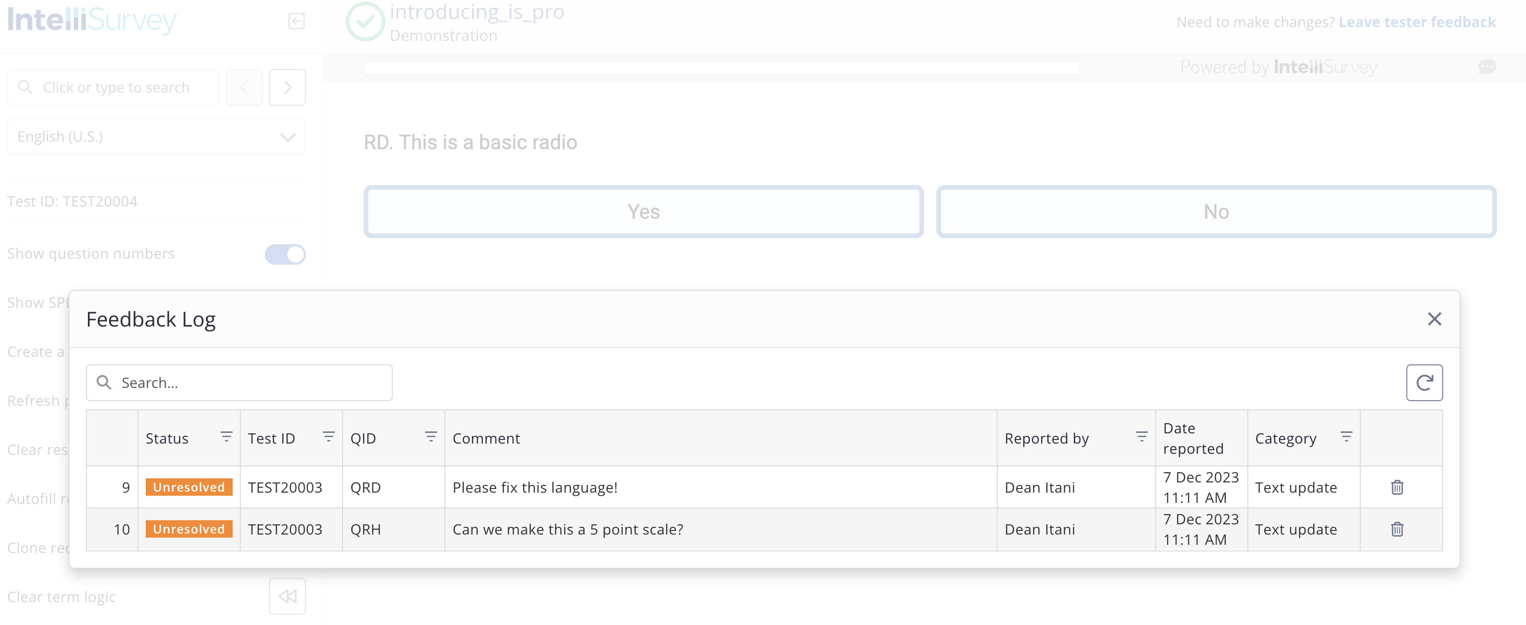 Screenshot of tester feedback