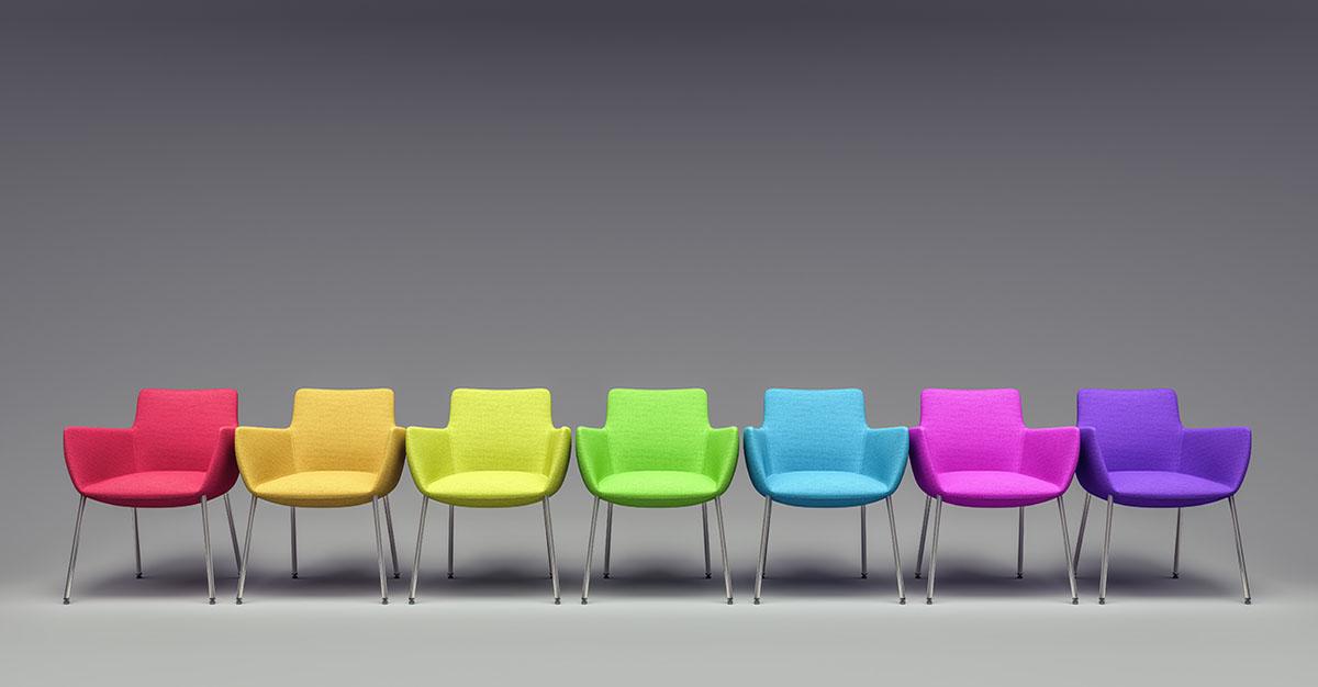 Row of brightly colored chairs